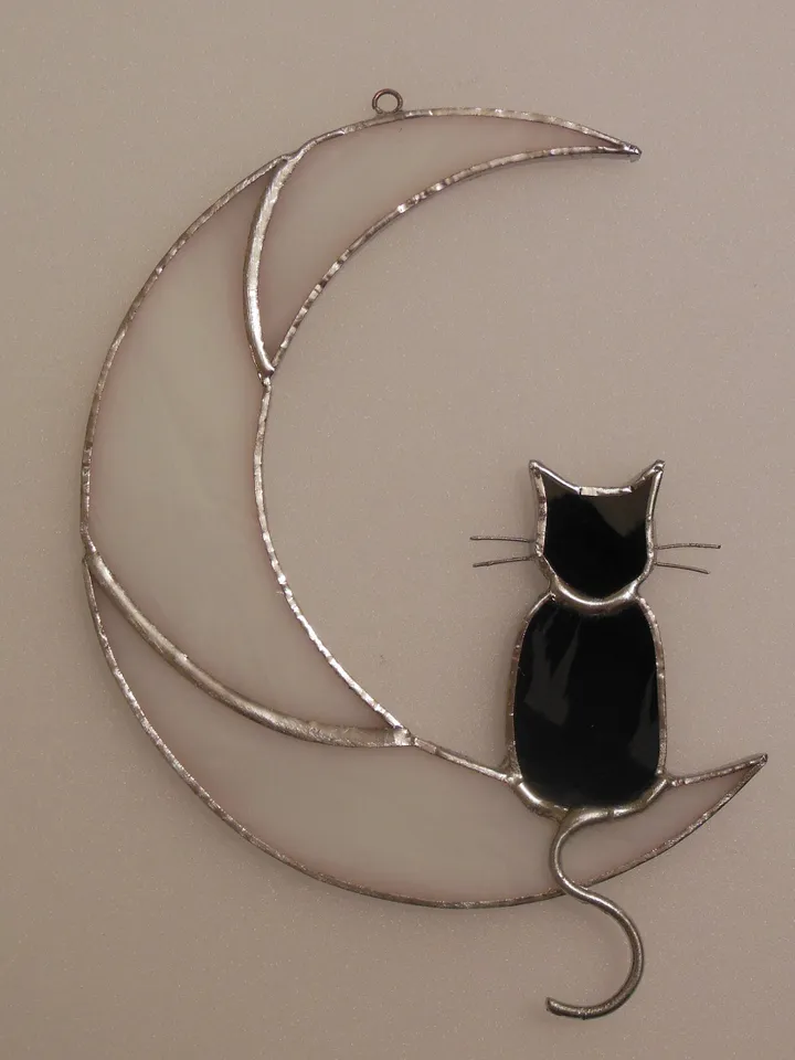 Black Cat On The Moon . Art stained glass window hanging Suncatcher . Gift for animal lover , pet loss memorial . White and black