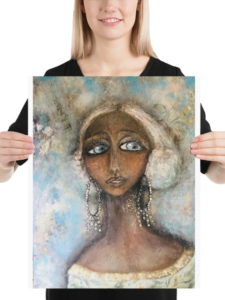 Katherine doll in Paris Photo paper poster made from my original unique mix media artwork, fantasy doll painting .