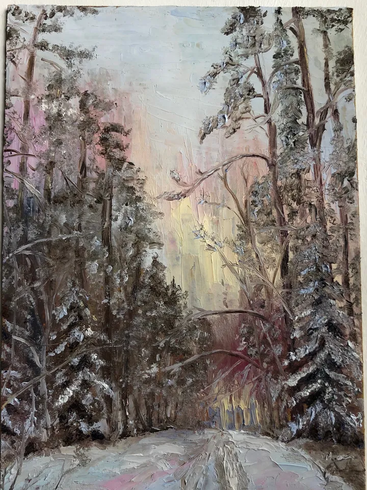 In the winter forest original oil painting hand painted modern impasto painting wall art 6x9 inches