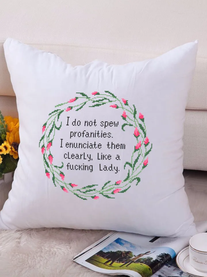 Framed quote cross stitch pattern Like a fucking lady Instant download PDF, Flower wreath cross stitch chart, Funny text cross stitch #Q37