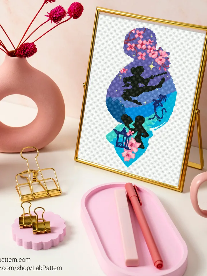 Mulan silhouette princess Cross stitch patterns, Love, Sakura, nursery, decor, beginner counted modern chart gift DIY embroidery instant PDF
