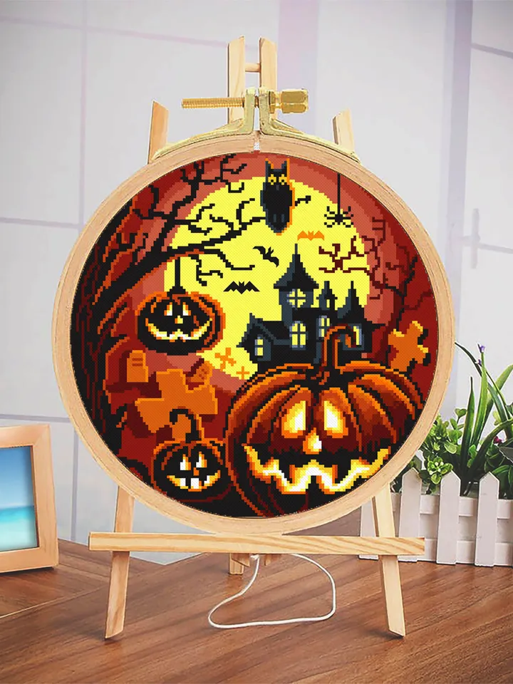 Halloween cross stitch pattern download PDF Spooky cross stitch Halloween moon stitch chart Happy Halloween Magic castle beginner stitch #H1