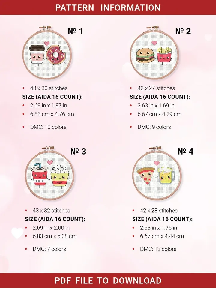 Bundle 4 Mini Foodie Couples Love Cross stitch patterns, Valentine's Day, beginner counted, modern chart, gift DIY, embroidery, instant PDF