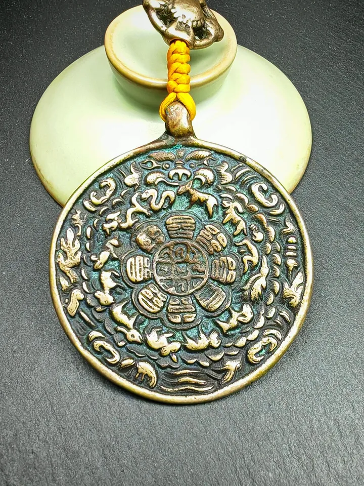 Gandhanra Vintage Tibetan Buddhist Amulet Sipaho Badge - Lima Brass Melong Mirror Calendar Protective Feng Shui Pendant
