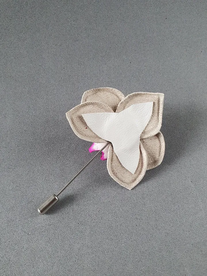 White orchid men's lapel pin Leather boutonniere for him 3rd anniversary gift, art.51