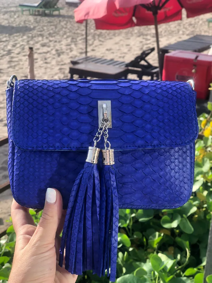 Bright blue Python skin tassel bag | electric blue chain crossbody bag | Leather designer bag | Exotic skin bag | Small crossbody Bag tassel