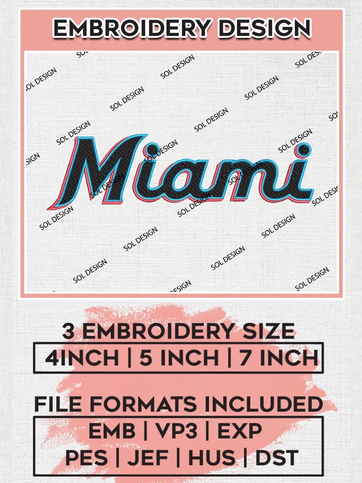 MLB Miami Wordmark Logo Embroidery Files, MLB Miami Marlins Team Embroidery, MLB Teams, 3 sizes, MLB Machine embroidery designs, Digital Download