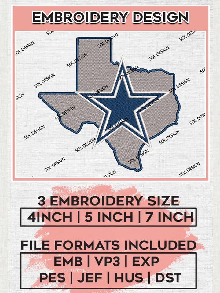 Dallas Cowboys Map Logo Embroidery Designs, NFL Cowboys, NFL Logo Embroidery Files, NFL Dallas Cowboys Machine Embroidery Design, Digital Download