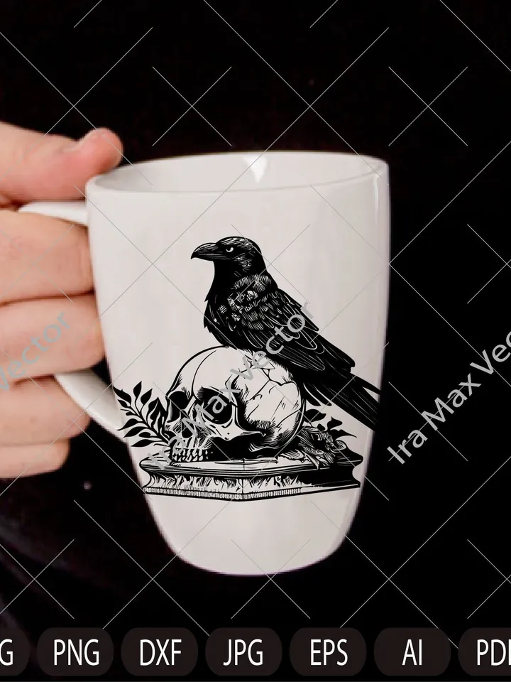 Raven on Skull SVG ,Skull Death, Black Crow Head Bone, Vintage Design, Gothic Art, Raven Print, Printing Clipart