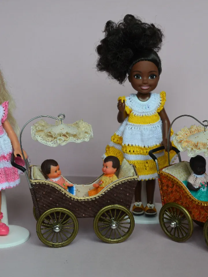 Miniature toy stroller for two small dolls. Handmade miniature stroller for small dolls.