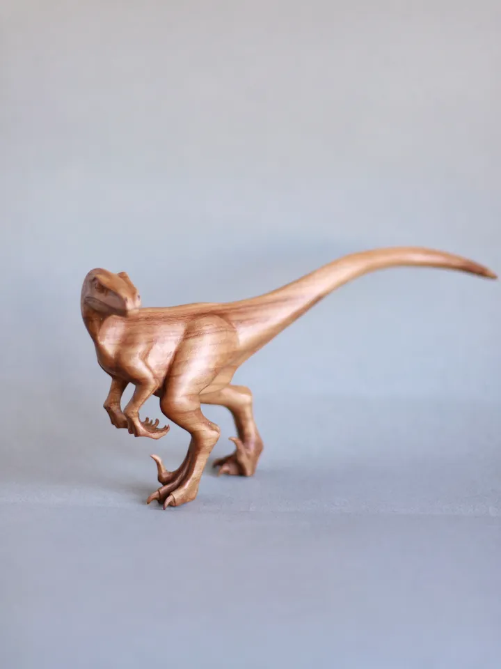 Wooden dinosaur Velociraptor, wooden hand carved sculpture