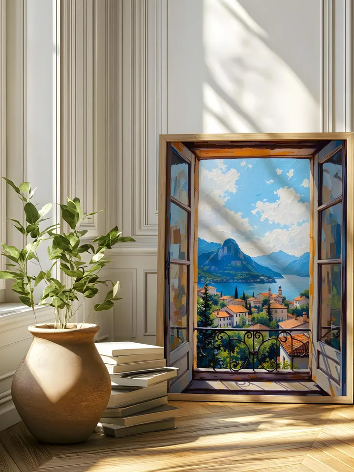 Open Window Lake Como Art Print Henri Matisse Style Fauvist Exhibition Poster Italian Mediterranean Patio Scene Digital Download Decor HMS2