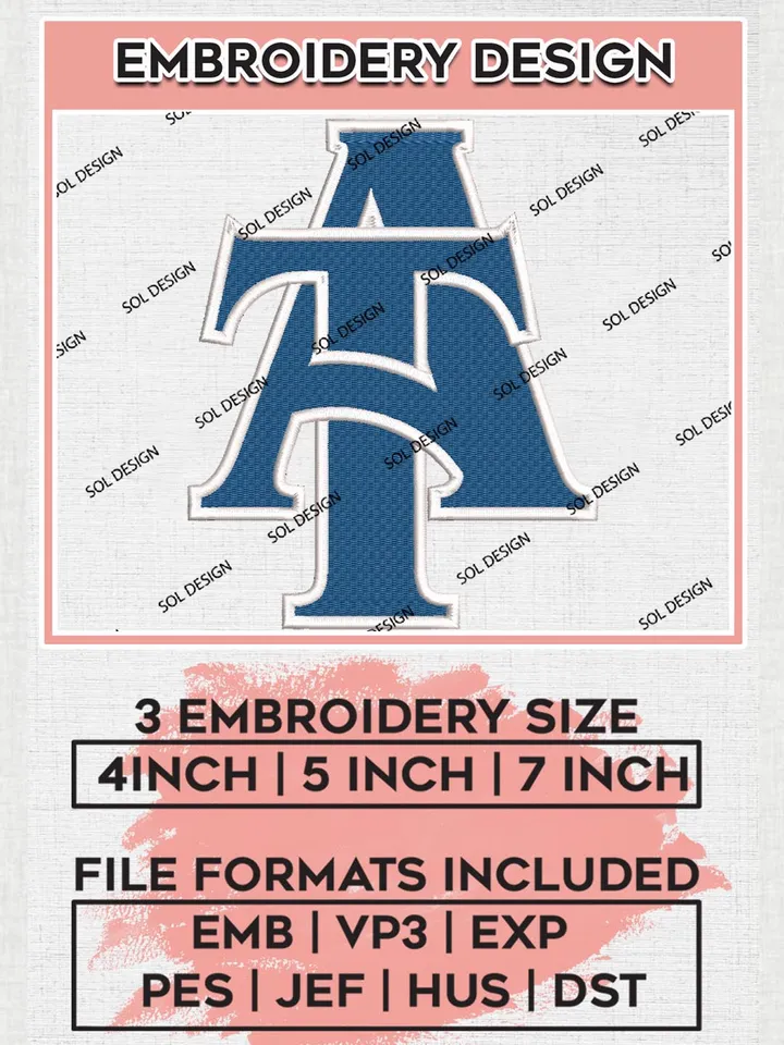NCAA A&T Aggies College Team Letter Logo Embroidery Design Files, NCAA North Carolina A&T Aggies Machine Embroidery, NCAA Teams, 3 sizes, NCAA Machine embroidery designs, Digital Download