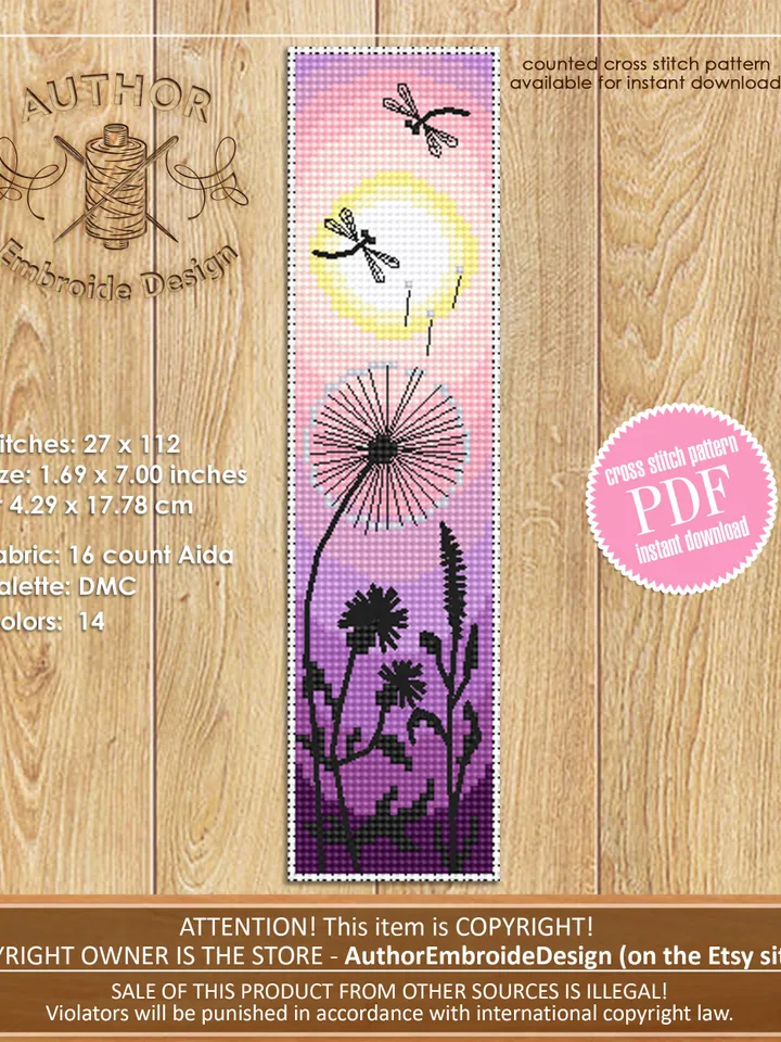 Nature bookmark cross stitch pattern download PDF Handmade bookmark digital, Summer sunset cross stitch chart Floral blackwork pattern #B110