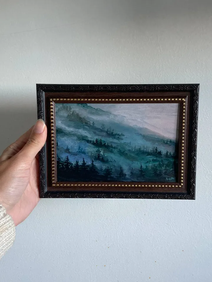 Original Forest Painting Foggy Forest Mountains Small Moody Painting