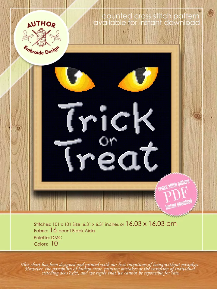 Trick or treat cross stitch pattern PDF download Black cat cross stitch chart, Halloween pattern digital PDF, Cat eyes, Halloween quote #H11