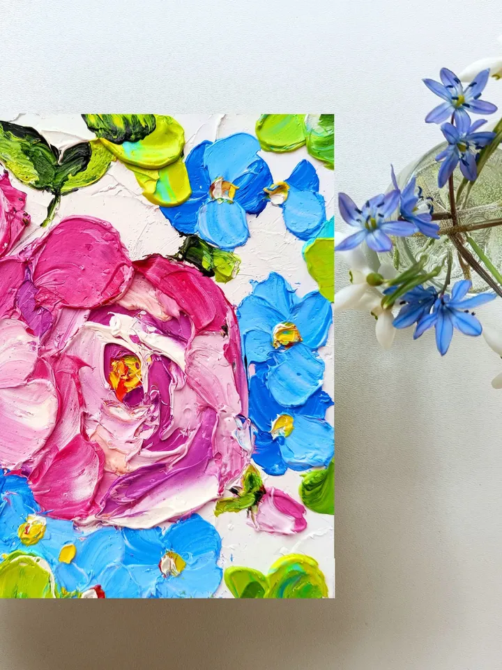 Peony Painting Floral Original Art Impasto Oil Painting Flower Small Wall Art by ArtProkopaloSv