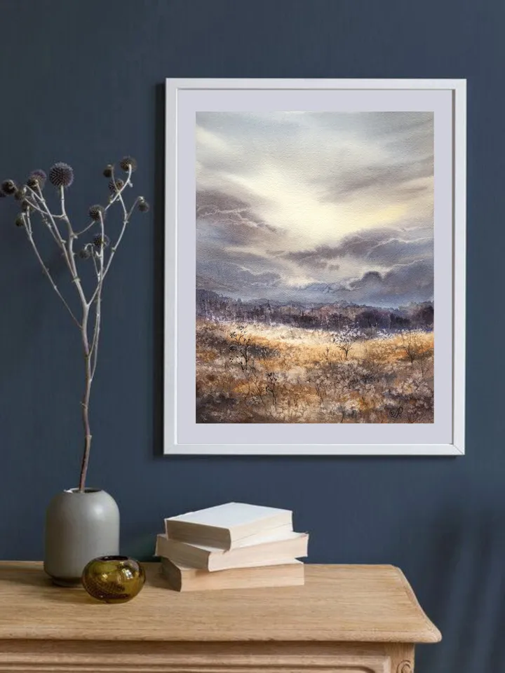 Landscape Watercolor Painting Fields Landscape Meadow Painting