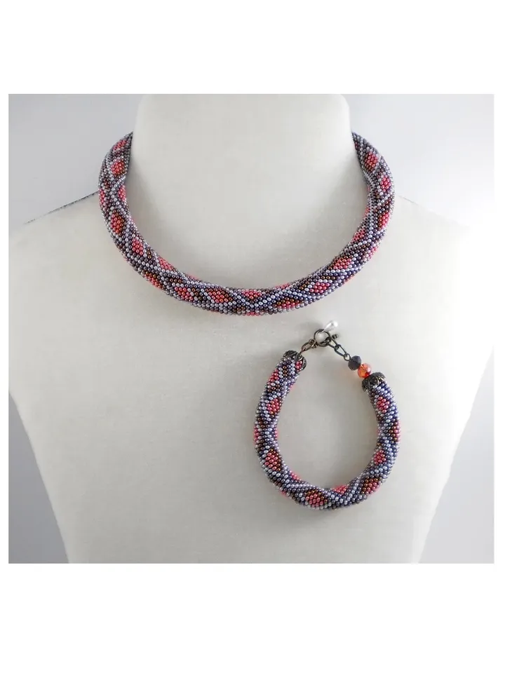 Bead Crochet rope patterns "Berry geometry" necklace and bracelet