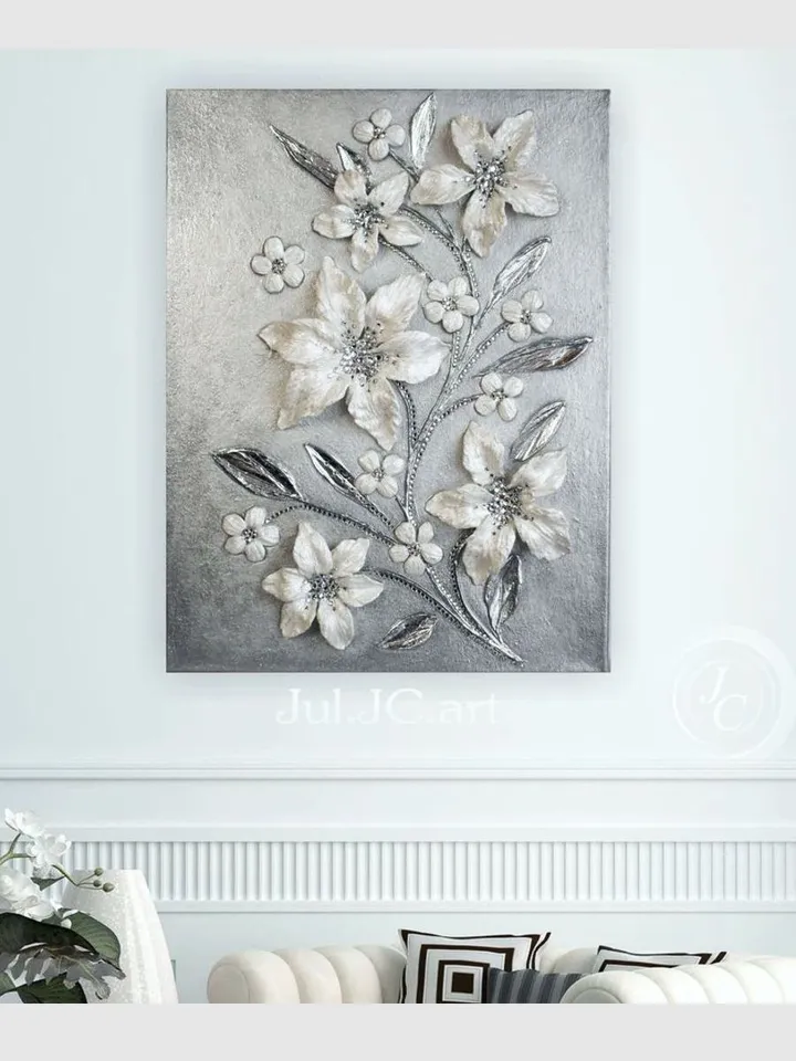 White Pearl Lilies Floral artwork | Silver Glittery Textured Flower Original Painting with Crystal