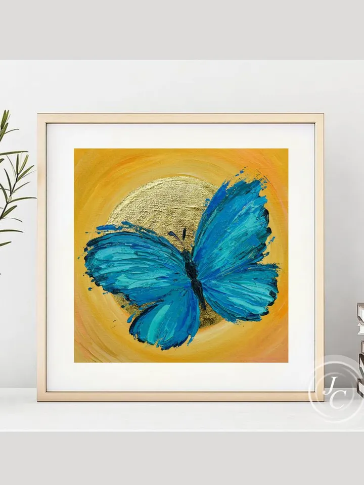 Blue Butterfly Painting Original Art 8 by 8 inches Gold Leaf Artwork Moon Art Insect Painting Blue Turquoise Home Decor