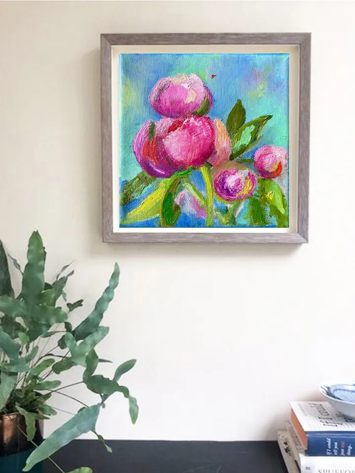 Peony oil painting on canvas, Small flower painting, Floral art