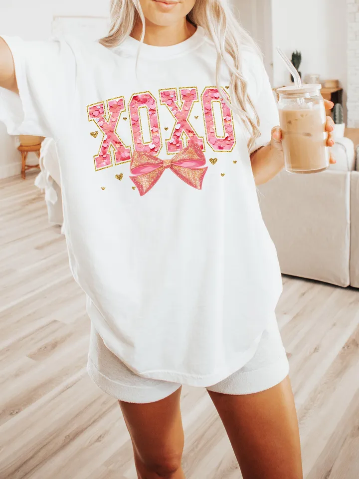 Valentine XOXO Coquette Sparkly Glitter Png, Valentines Day Shirt Design, Valentines Day PNG, Xoxo PNG, Pink Faux Sequins Valentines Png