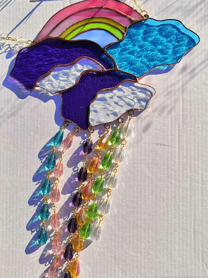 Stained Glass: Rainbow with Six Rainfalls, Hanging Stained Glass, Stained Glass Pendant, Decorative Interior Hanging, Rainbow Stained Glass, Stained Glass with Rainbow, Clouds, and Rain,Rain Stained Glass,Stained Glass with Rainbow for Interior Decoration