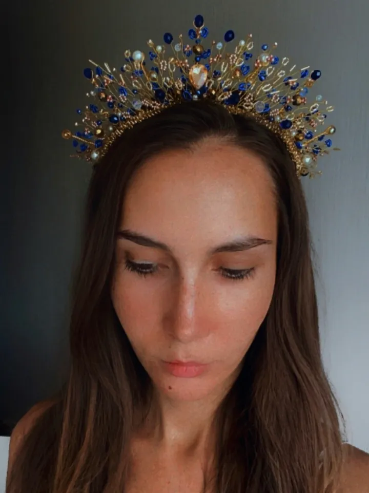Gold and Blue crown, Gold crown, Gold tiara, Gold blue tiara, Diadem, wedding crown, Wedding headpiece, a crown for a princess, a children's tiara