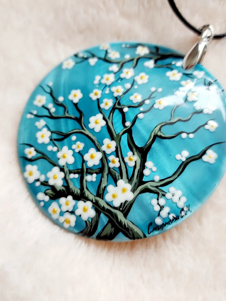 Pearl pendant necklace: Almond Blossoms by Vincent van Gogh on stylish mother of pearl necklace • Hand painted aesthetic pendant for women