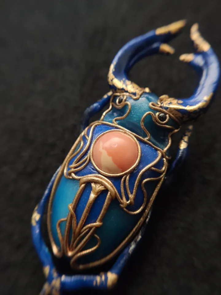 Blue Beetle Brooch, Insect Brooch, Large Beetle, Stag Beetle, Art Nouveau Beetl