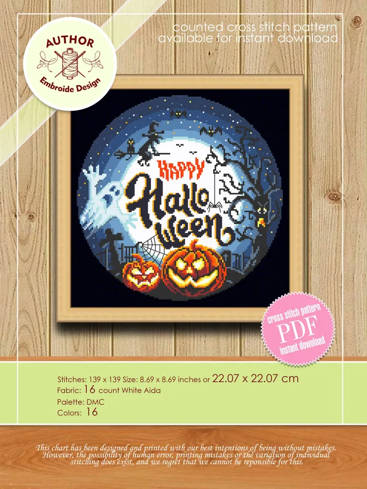 Halloween cross stitch pattern download PDF Pumpkin xstitch chart Modern cross stitch set, Beginner stitch, Happy Halloween embroidery #S51