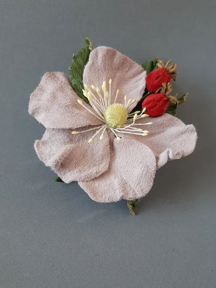 Leather brooch Rose hip for her , 3rd anniversary gift for wife, Leather women's jewelry