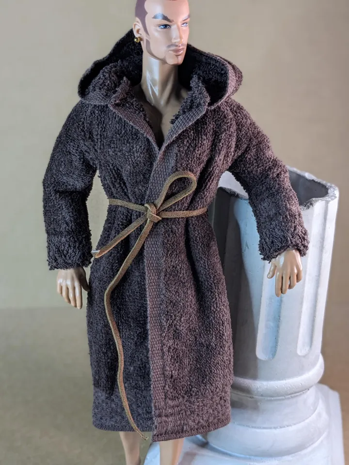 Brown terry bathrobe with a hood for 13 inch fashion male doll (FR Homme, Poppy Parker, Adonis)