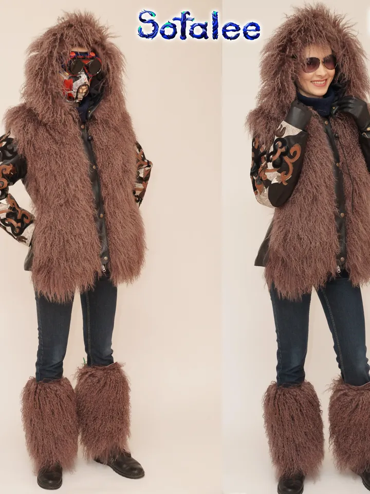 Gaiters made of natural Tibetan fur llama of light brown color. Real Mongolian fur lama gaiters by Sofalee