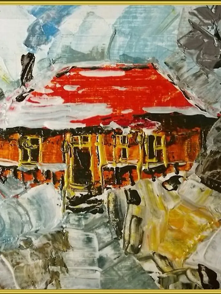 small picture of winter landscape,house in the forest,house in the snow,oil