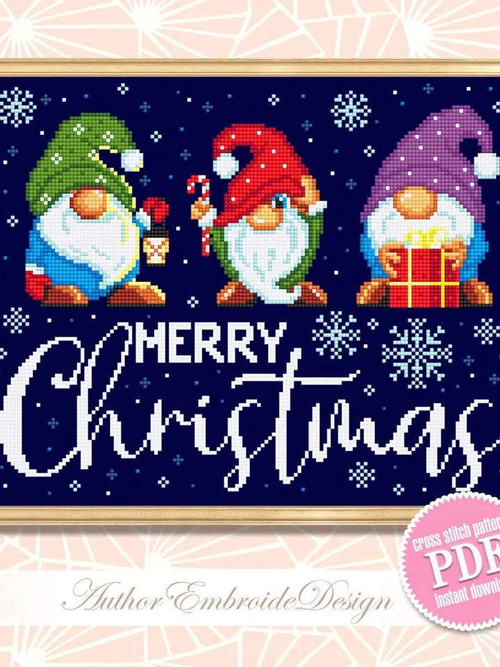 Christmas gnomes cross stitch pattern PDF download, Merry Christmas cross stitch chart Winter gnome pattern digital PDF Gnome ornament #N125