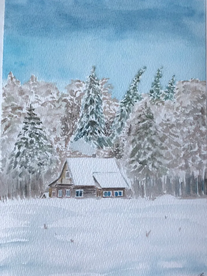 House in the winter forest original watercolour painting wall art hand painted