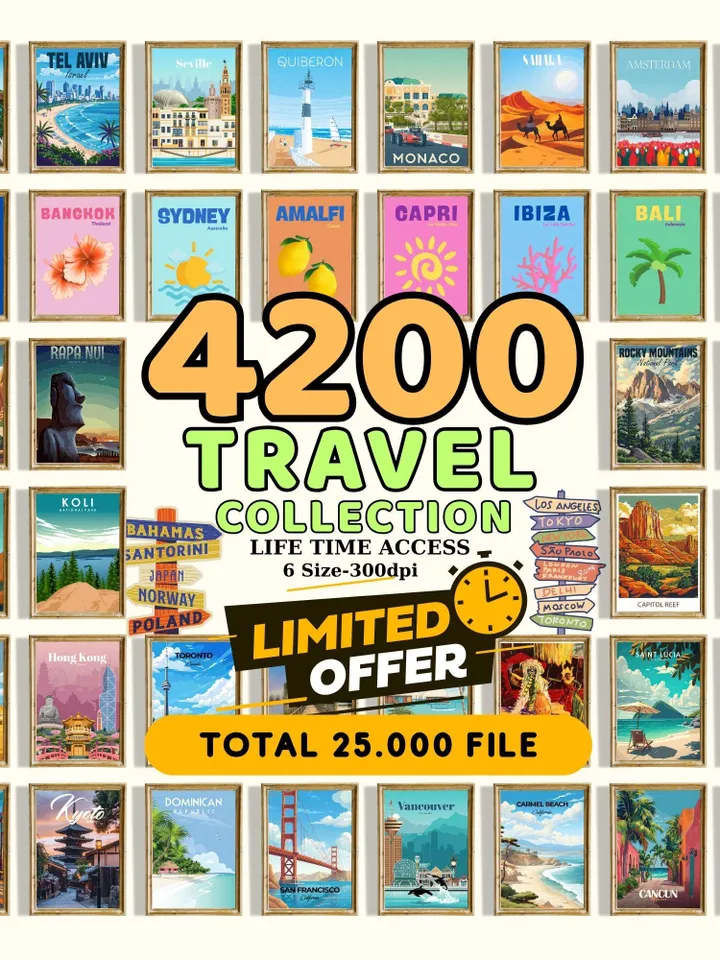 4200 Travel Poster Bundle, Vintage Destination Wall Art Prints, Retro Tourism Gallery Set, Printable Home Decor Collection