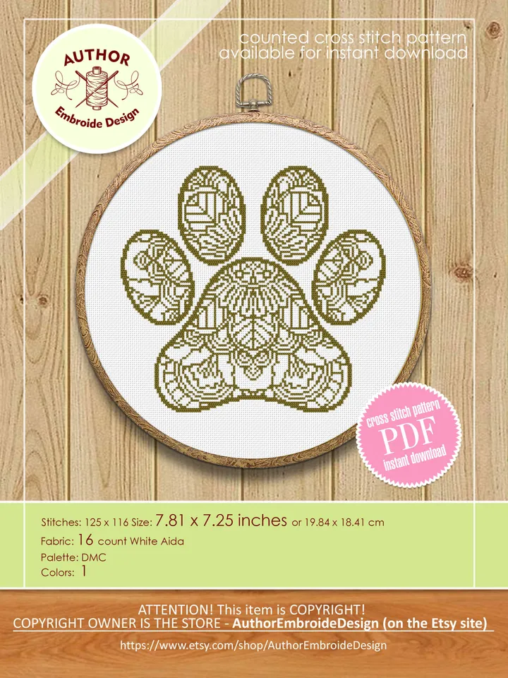 Mandala cat paw cross stitch pattern PDF download Monochrome mandala cross stitch chart, Mandala ornament embroidery PDF, Home decor #M224