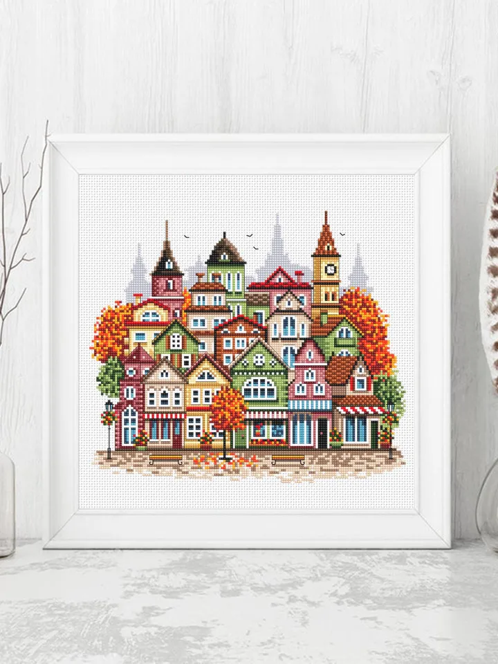 Fall houses cross stitch pattern PDF download Autumn cross stitch chart, Autumn city pattern digital PDF, Urban landscape, Home decor #E18