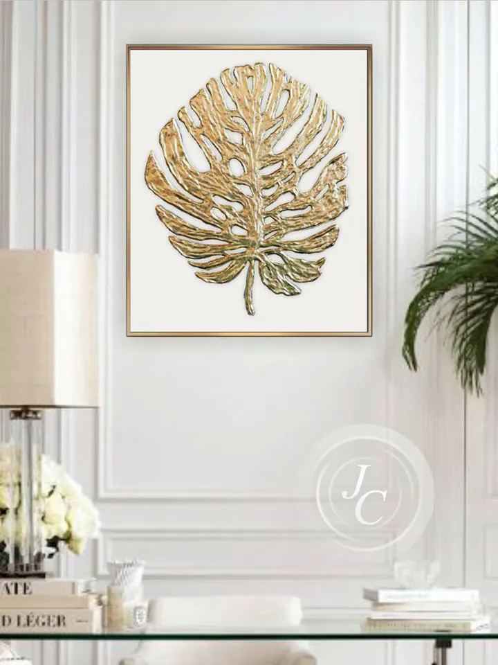 Golden Monstera Abstract Wall Art Floral Original Painting Textured artwork Gold Leaf Wall Art Modern wall decor