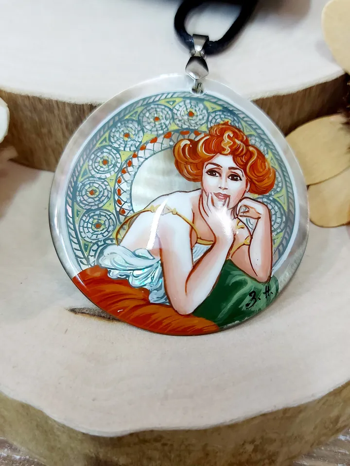 Pendant Alphonse Mucha Dream. Mother-of-pearl Hand-painted Russian jewelry magic of painting fine art jewelry Art gift Fedoskino Collectible