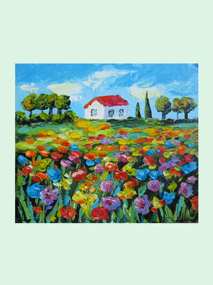 Original Oil Painting Flower Field with Cottage Palette Knife Art Blooming Meadow Artwork