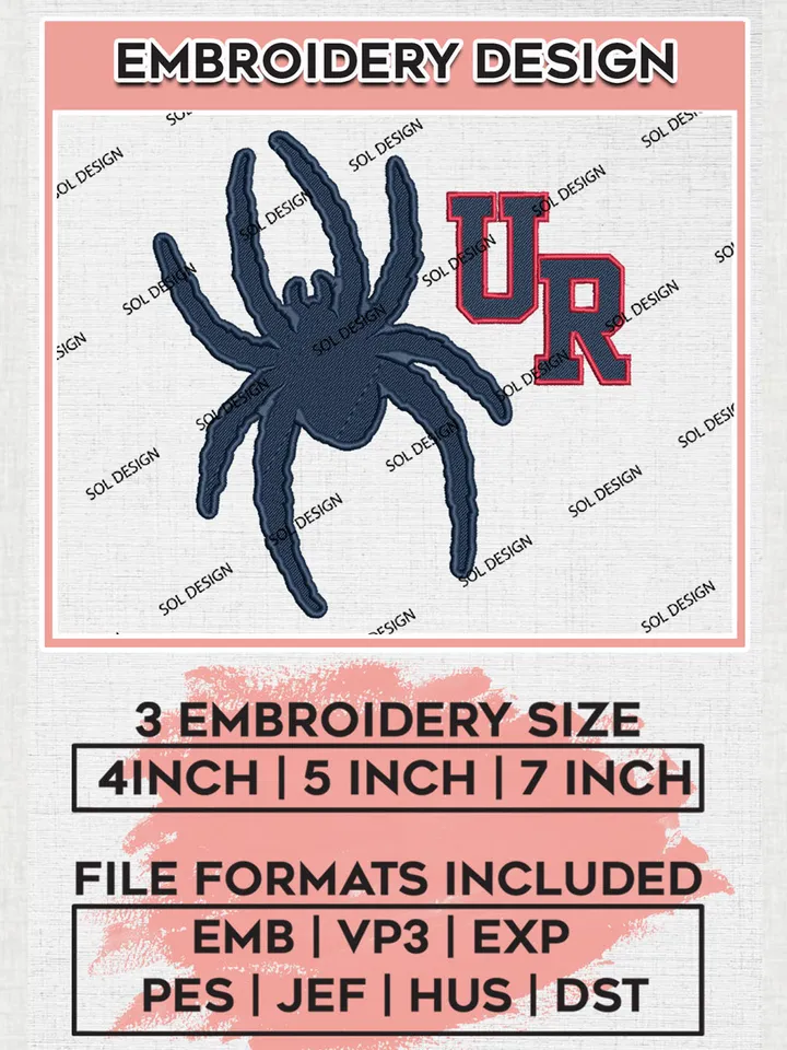 NCAA UR Spiders College Football Team Mascot Logo Embroidery Design Files, NCAA Richmond Spiders Machine Embroidery, NCAA Teams, 3 sizes, NCAA Machine embroidery designs, Digital Download
