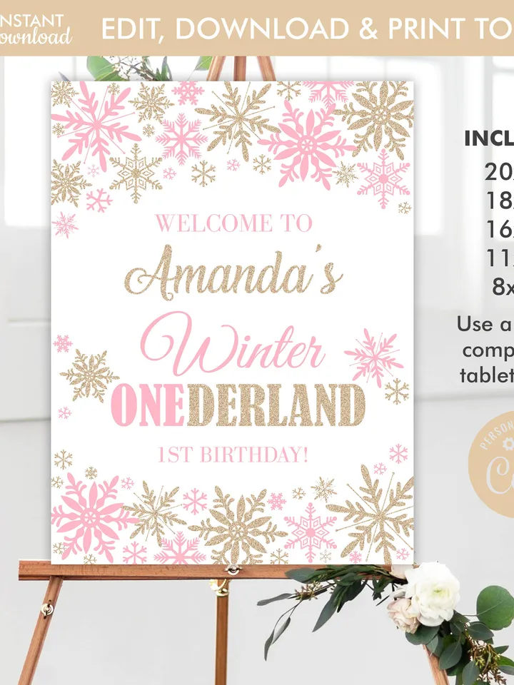 Winter Onederland Welcome Sign Pink Champagne Gold Winter Onederland 1st Birthday Girl Decorations, Snowflake Birthday, Editable Template