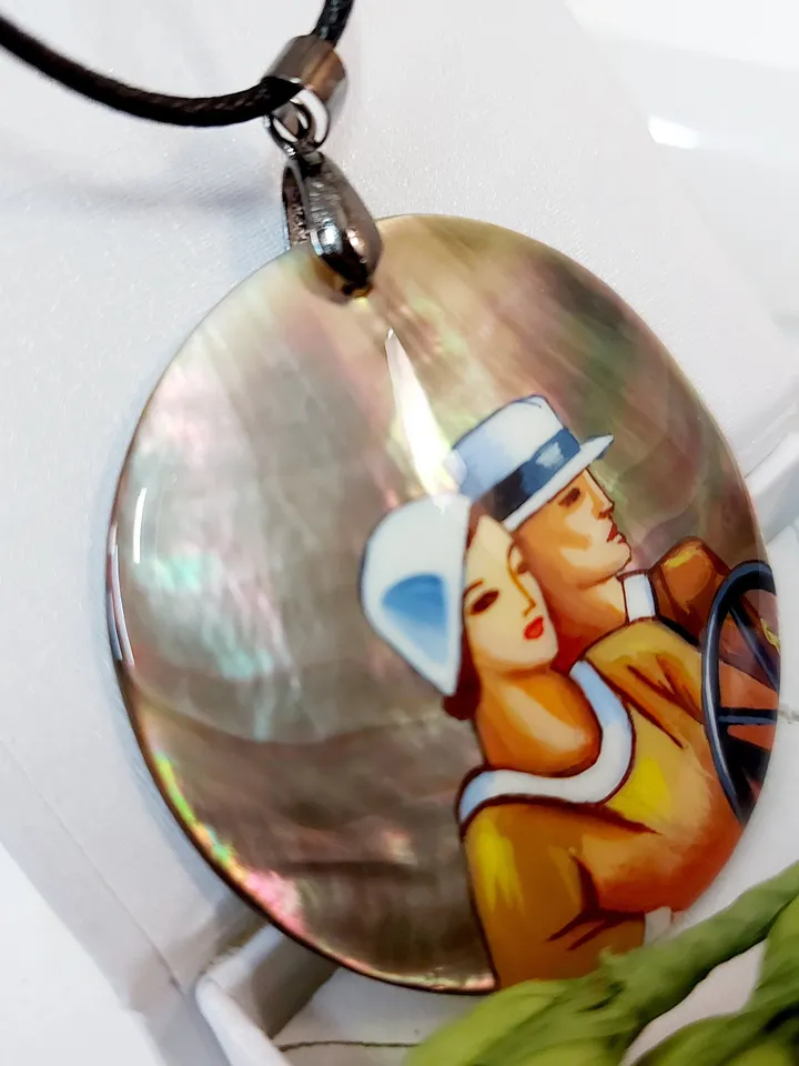 Russian Beautiful Pendant "Travelers" Mother-of-pearl hand-painted Russian jewelry miniature painting Gift for her Fedoskino Hand painted