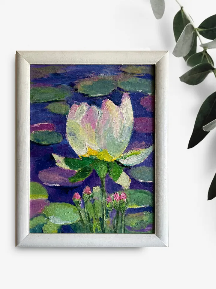 Water lily painting, original oil painting, framed flower painting, White lotus wall art