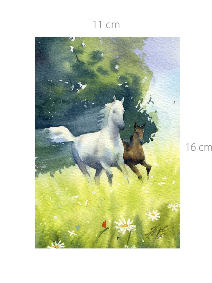 Running horses Small painting Original watercolor art by Yulia Evsyukova