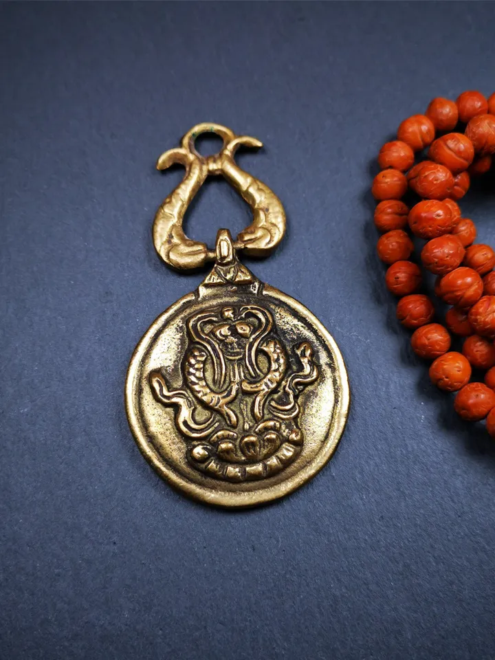 Gandhanra Vintage Tibetan Buddhist Calendar Badge,Melong Mirror, SIPAHO Amulet(srid pa ho),Jiugong Bagua,made of Brass,1.8&quot;